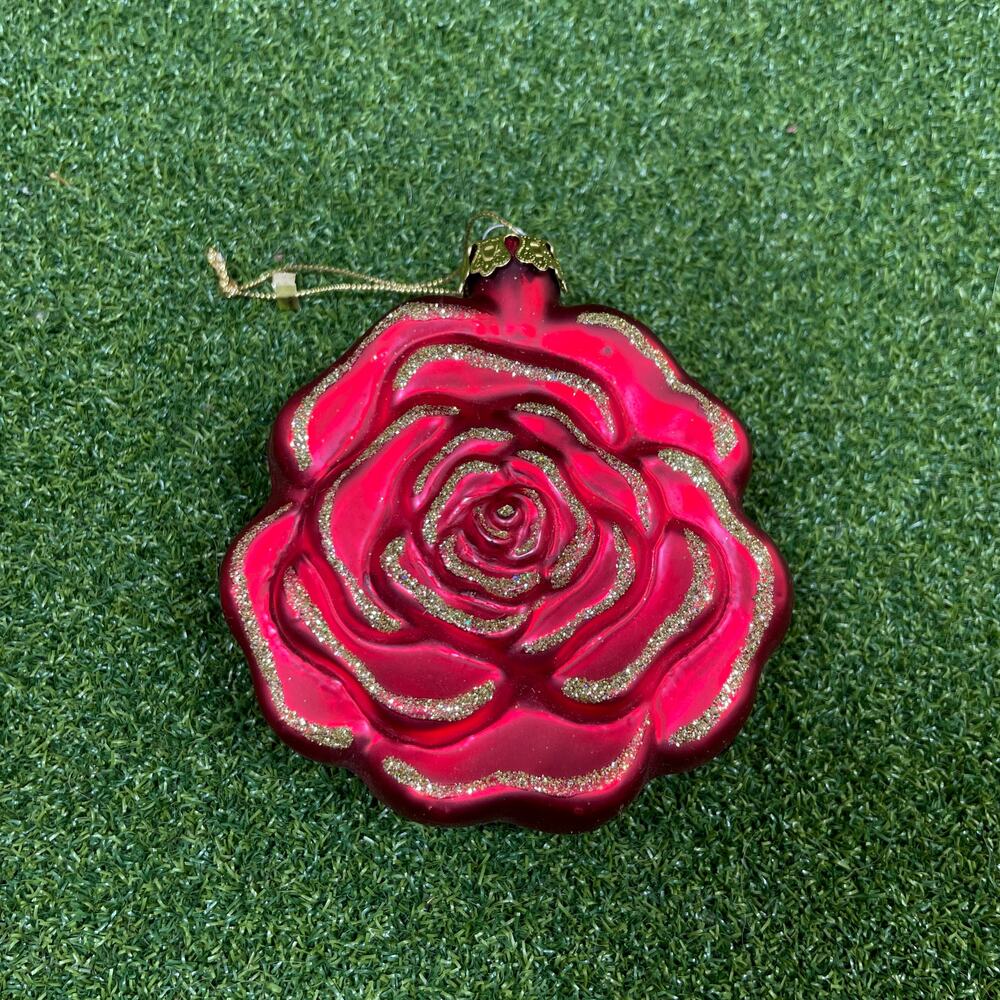 Vintage Glass Red Rose with Glitter Christmas Tree Ornament